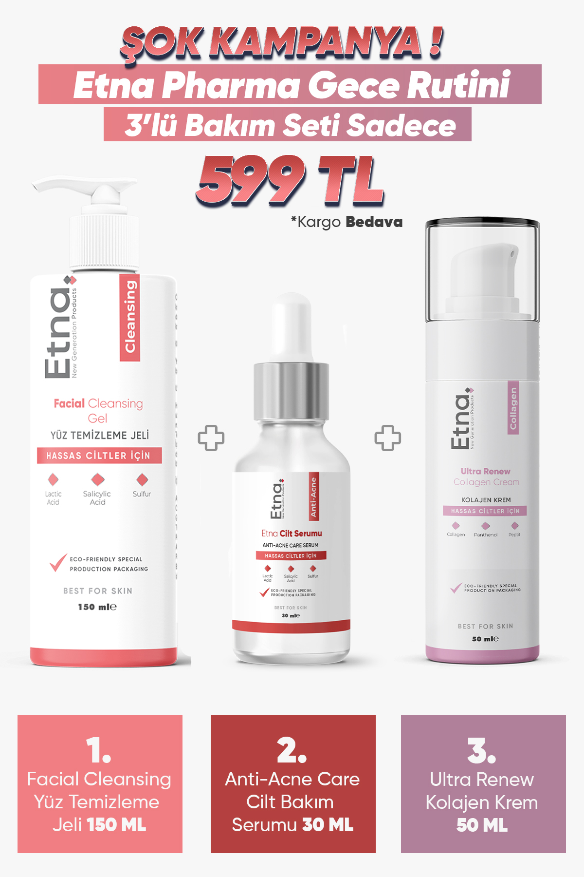 Etna Pharma Gece Cilt Bakım Rutini, Sivilce serumu, kolajen krem Etna Pharma Gece Cilt Bakım Rutini, Sivilce serumu, kolajen krem